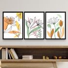 Kit 3 Quadros Decorativos Flores Soft aquarela 45x34cm Moldur