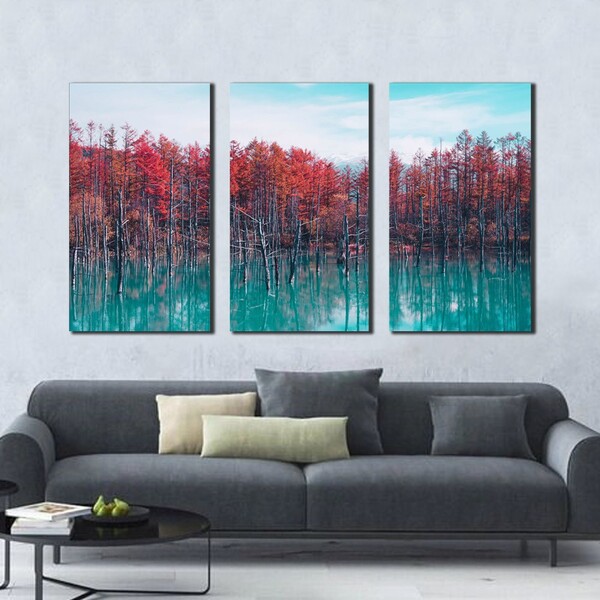 Kit 3 Quadros Decorativos Floresta Na Água