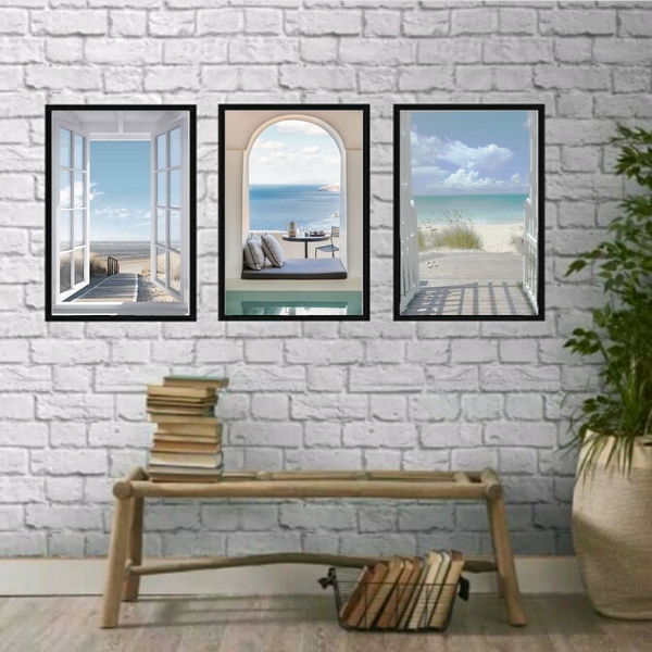 Kit 3 Quadros Decorativos Fotografias Janelas praia 33x24cm -