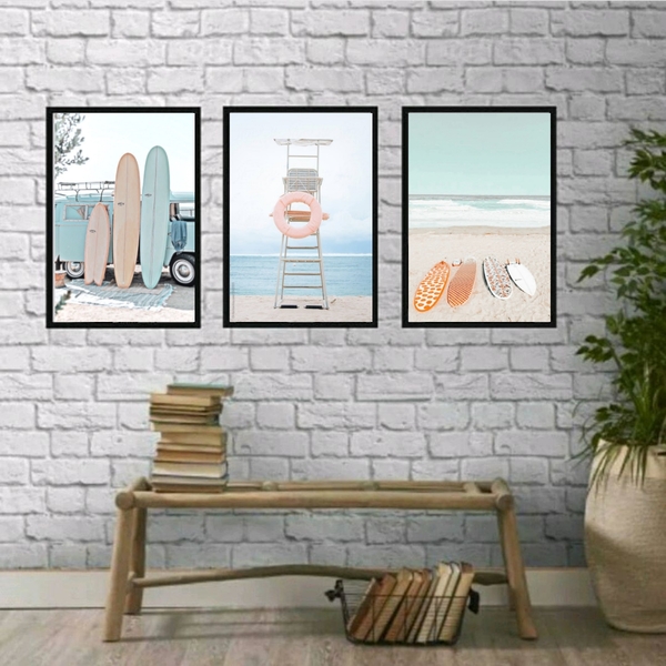 Kit 3 Quadros Decorativos Fotografias Praia relax 33x24cm Mol