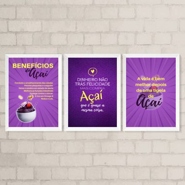 Kit 3 Quadros Decorativos Frases Açaí 24x18cm Moldura:madeira