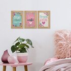 Kit 3 Quadros Decorativos Frases Deus Fé Flores Sala