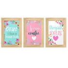 Kit 3 Quadros Decorativos Frases Deus Fé Flores Sala