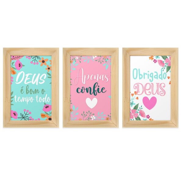 Kit 3 Quadros Decorativos Frases Deus Fé Flores Sala