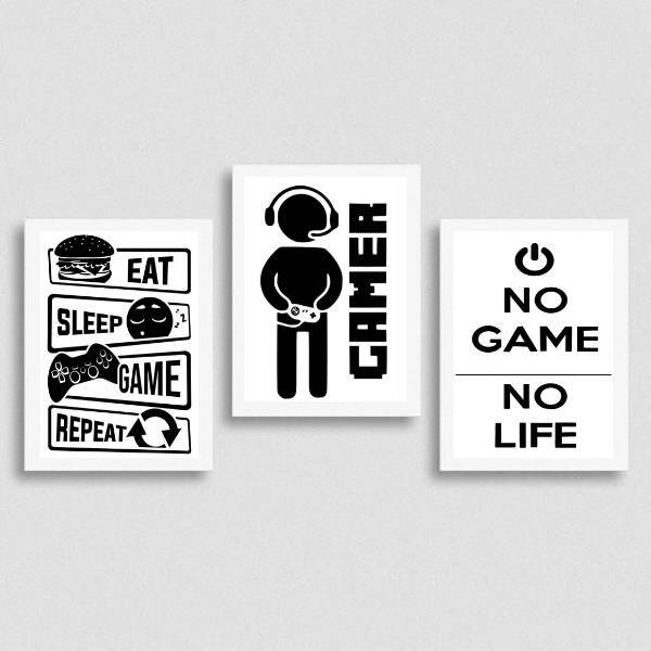 Kit 3 Quadros Decorativos Gamer 24x18cm Moldura:madeira Branca