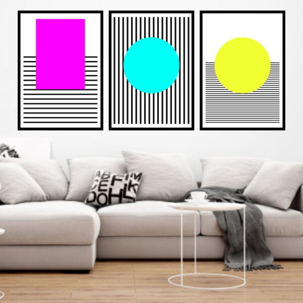 Kit 3 Quadros Decorativos Geométrico Círculos E Listras 45x34