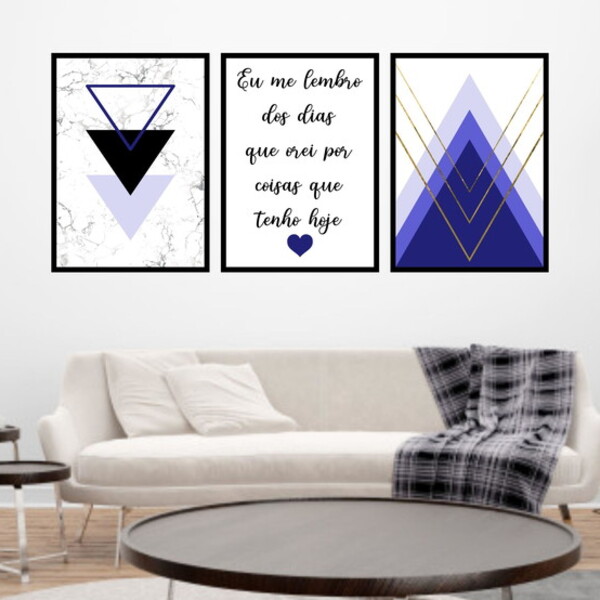 Kit 3 Quadros Decorativos Geométrico Eu Me Lembro Azul 45x34c