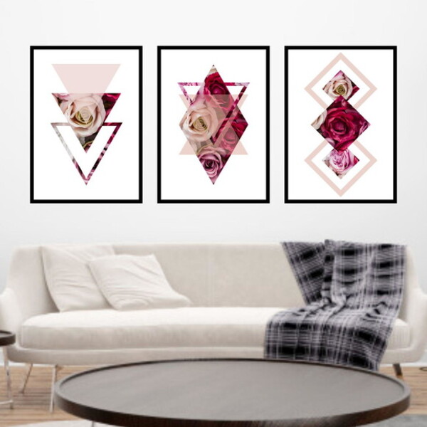 Kit 3 Quadros Decorativos Geométrico Rosas 45x34cm - Moldura