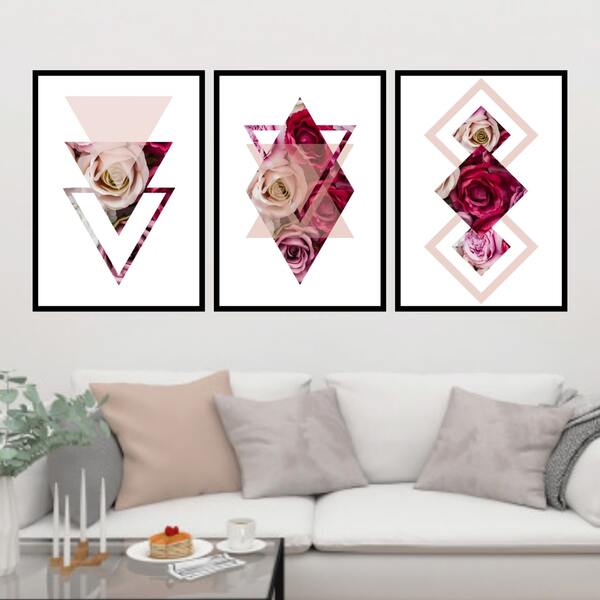 Kit 3 Quadros Decorativos Geométrico Triângulos Rosas 45x34cm