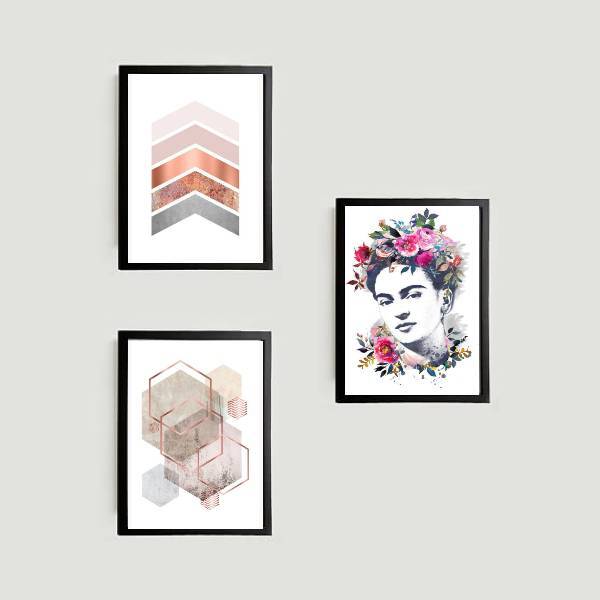 Kit 3 Quadros Decorativos Geométricos Frida 45x34cm - Moldura