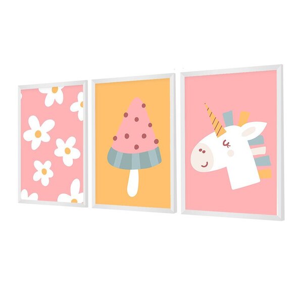 Kit 3 Quadros Decorativos Infantil Rosa Menina Uicórnio