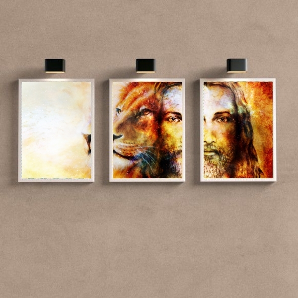 Kit 3 Quadros Decorativos Jesus e leão 33x24cm Moldura:madeir