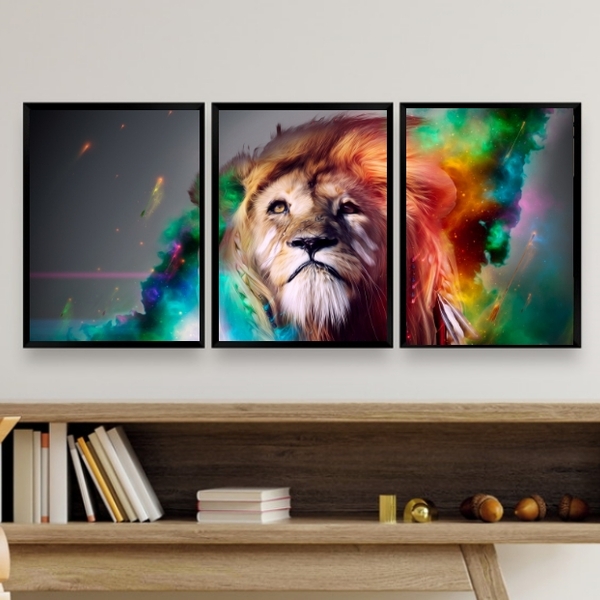Kit 3 Quadros Decorativos Leão Juba Colorida 45x34cm - Com Vi