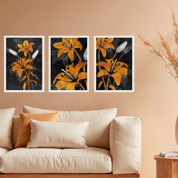 Kit 3 Quadros Decorativos Lírios Marrom E Preto 33x24cm Moldu
