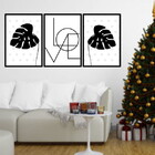 Kit 3 Quadros Decorativos Love Folhas Tropicais Pretas 45x34c