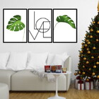 Kit 3 Quadros Decorativos Love Folhas Tropicais Verdes 45x34c