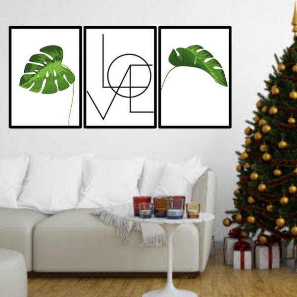 Kit 3 Quadros Decorativos Love Folhas Tropicais Verdes 45x34c