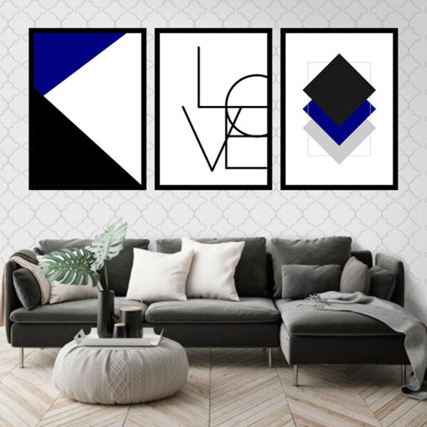 Kit 3 Quadros Decorativos Love Geométrico Azul Royal 45x34cm