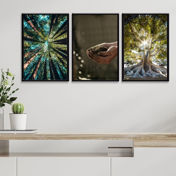 Kit 3 Quadros Decorativos Mãe Natureza 33x24cm - Com Vidro Mo