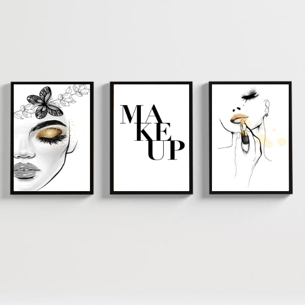 Kit 3 Quadros Decorativos Makeup Maquiagem 24x18cm Moldura:ma