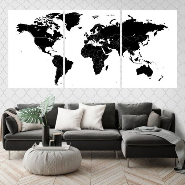 Kit 3 Quadros Decorativos Mapa Mundi Preto 45x34cm - Moldura