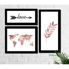 Kit 3 Quadros Decorativos Mapa Pena Love Rose