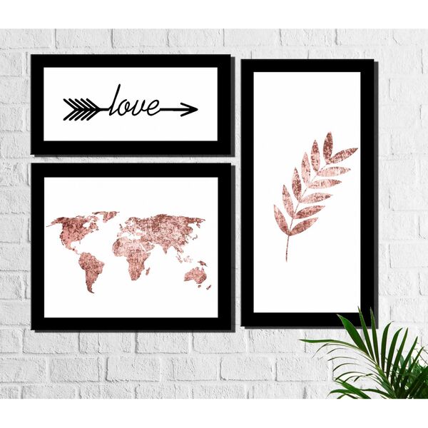 Kit 3 Quadros Decorativos Mapa Pena Love Rose