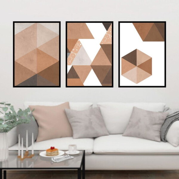 Kit 3 Quadros Decorativos Marrom Geométrico 45x34cm - Moldura