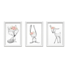 Kit 3 Quadros Decorativos Meu Rodapé Bichos Cinza Com Flores