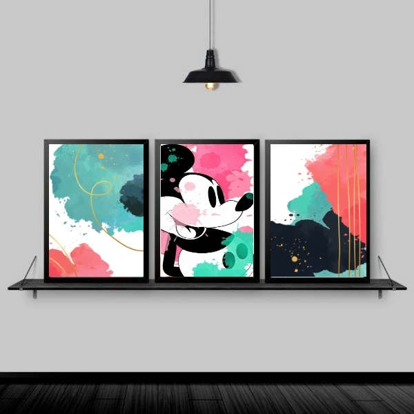 Kit 3 Quadros Decorativos Mickey Abstrato 33x24cm - Com Vidro