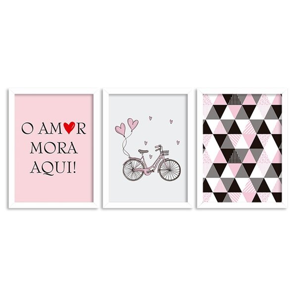 Kit 3 Quadros Decorativos O Amor Mora Aqui Rosa