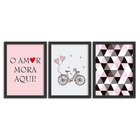 Kit 3 Quadros Decorativos O Amor Mora Aqui Rosa