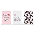 Kit 3 Quadros Decorativos O Amor Mora Aqui Rosa