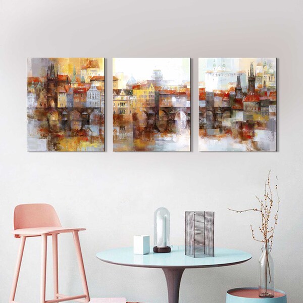 Kit 3 Quadros Decorativos Paisagem Abstratas Casas