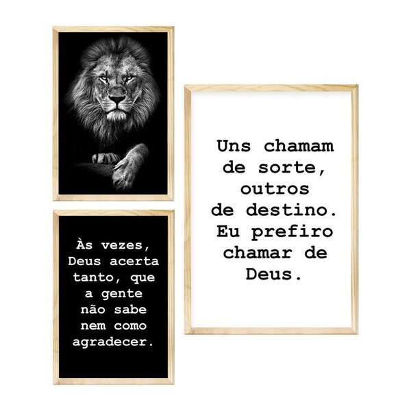 Kit 3 Quadros Decorativos Para Hall Entrada Frases Leão Fé Sa