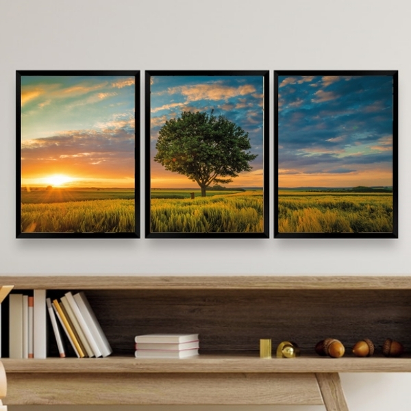 Kit 3 Quadros Decorativos Por Do Sol Com árvore 33x24cm - Com