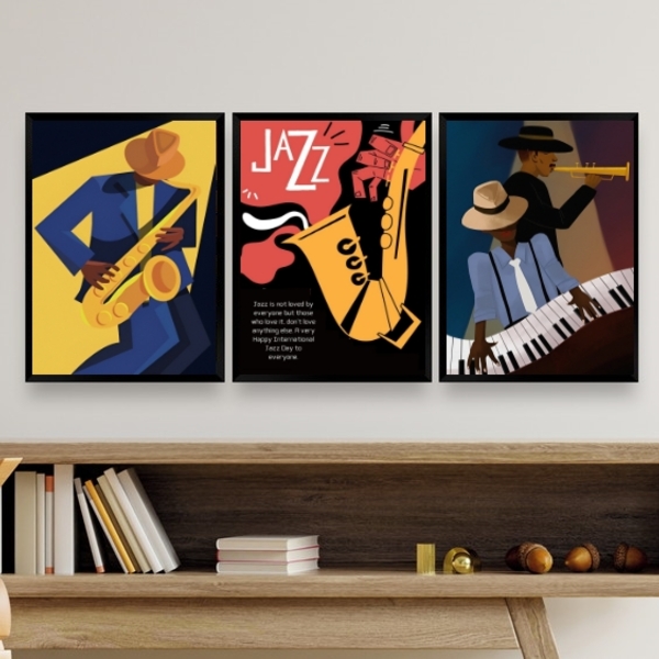 Kit 3 Quadros Decorativos Posters Cartazes Jazz 45x34cm Moldu