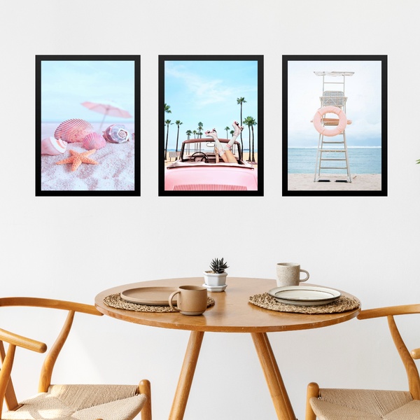 Kit 3 Quadros Decorativos Praia Cor De Rosa E Azul 45x34cm -
