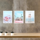 Kit 3 Quadros Decorativos Praia Cor De Rosa E Azul 45x34cm -