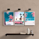 Kit 3 Quadros Decorativos Praia Kombi rosa 24x18cm - Com Vidr