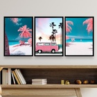 Kit 3 Quadros Decorativos Praia Kombi rosa 33x24cm Moldura:ma