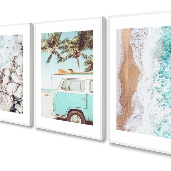 Kit 3 Quadros Decorativos Praia Mar Kombi Boho Bege Azul 60x4