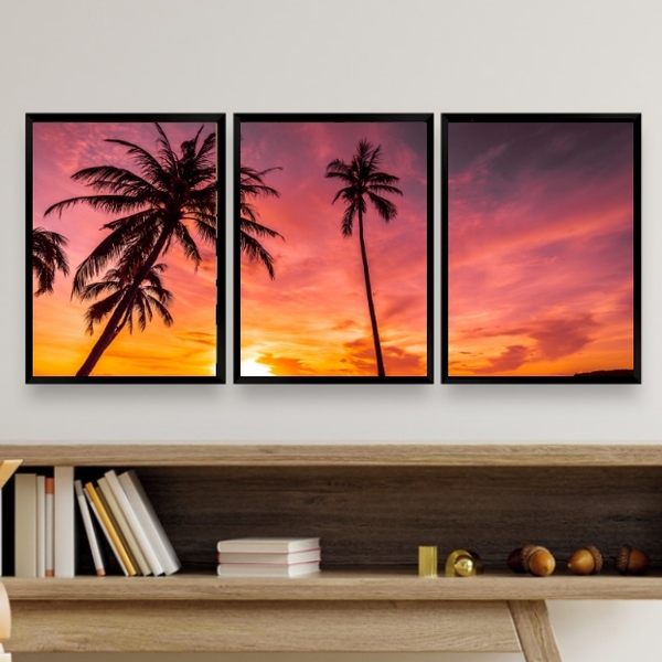 Kit 3 Quadros Decorativos Praia Por do sol 33x24cm - Com Vidr
