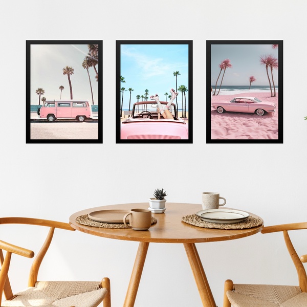 Kit 3 Quadros Decorativos Praia Rosa - Veículos 24x18cm - Com