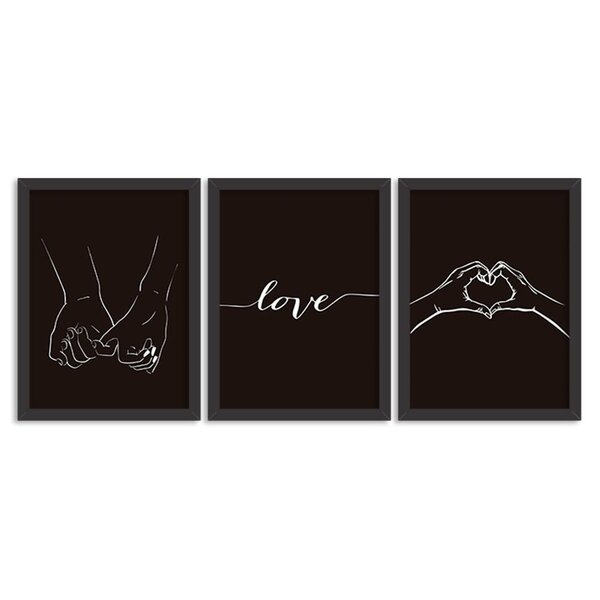 Kit 3 Quadros Decorativos Preto Love