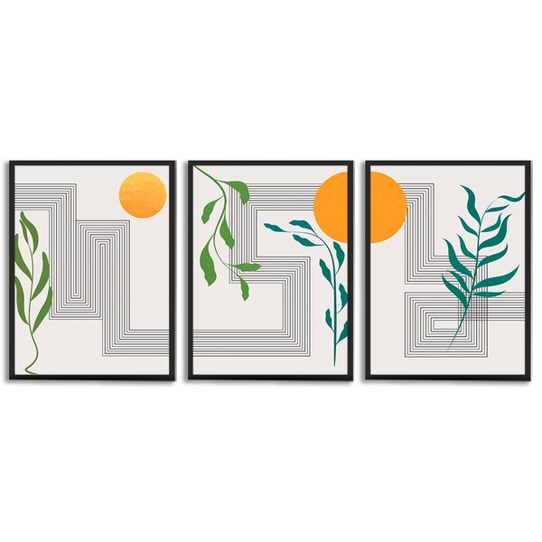 Kit 3 Quadros Decorativos Ramos E Listras Preta