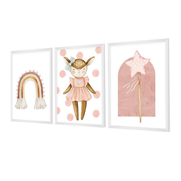Kit 3 Quadros Decorativos Rosa Menina Infantil