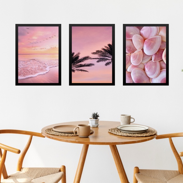 Kit 3 Quadros Decorativos Rosados Praia 24x18cm - Com Vidro M
