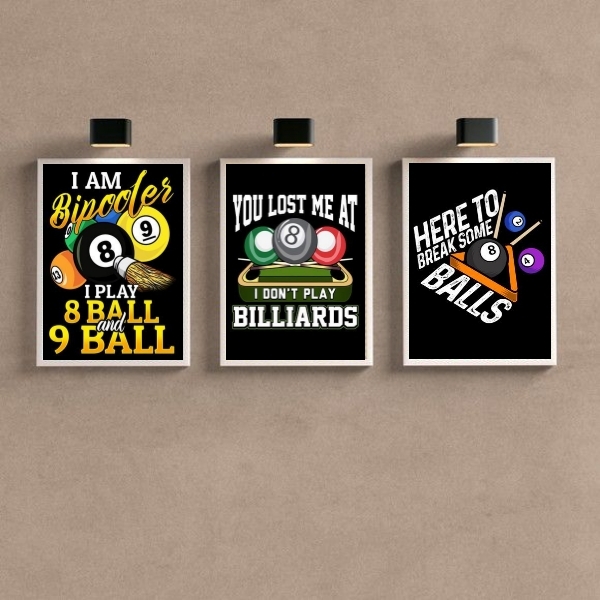 Kit 3 Quadros Decorativos Sinuca Bilhar 45x34cm - Com Vidro M