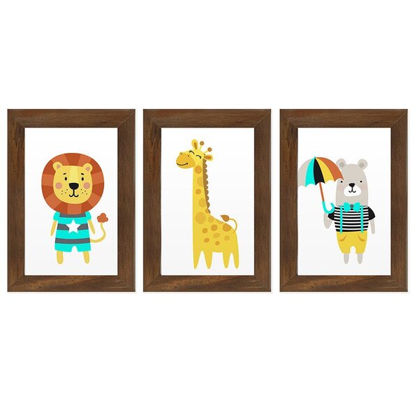 Kit 3 Quadros Decorativos Trio Animais Desenhos Infantil Cria